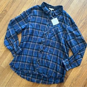 BeachLunchLounge Collection Plaid Long Sleeve Shirt Button Up Frayed Hem Large